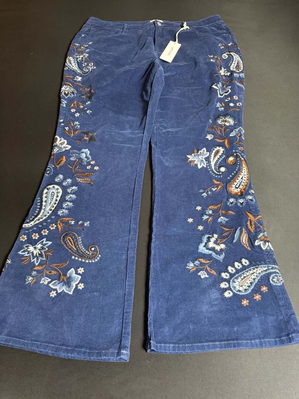 Driftwood Wyatt Corduroy Boot-Cut Pants in Moody Paisley with Floral Embroidery